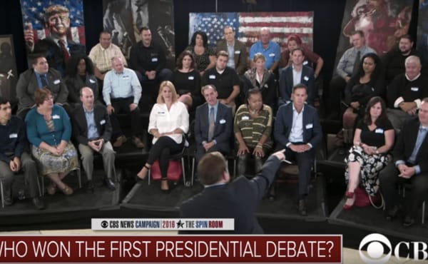 Webp.net-resizeimage A group of people sit in chairs facing forward in a studio with a CBS News Campaign banner. A host stands in the foreground. The text on screen reads, "Who won the first presidential debate?.