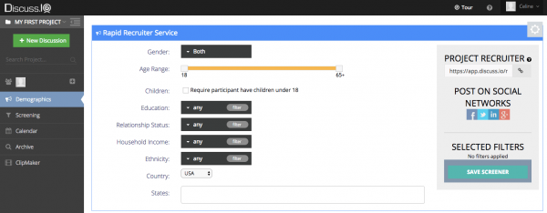 Screenshot of a "Rapid Recruiter Service" web interface, showing options to filter demographics like gender, age, education, relationship status, and location for participant selection.