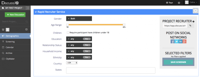 2 Screenshot of a "Rapid Recruiter Service" web interface, showing options to filter demographics like gender, age, education, relationship status, and location for participant selection.