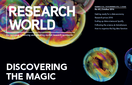 oct-cover Cover of "Research World" magazine October 2016 issue, featuring colorful soap bubbles and text about data economy, research prices, and data science themes.