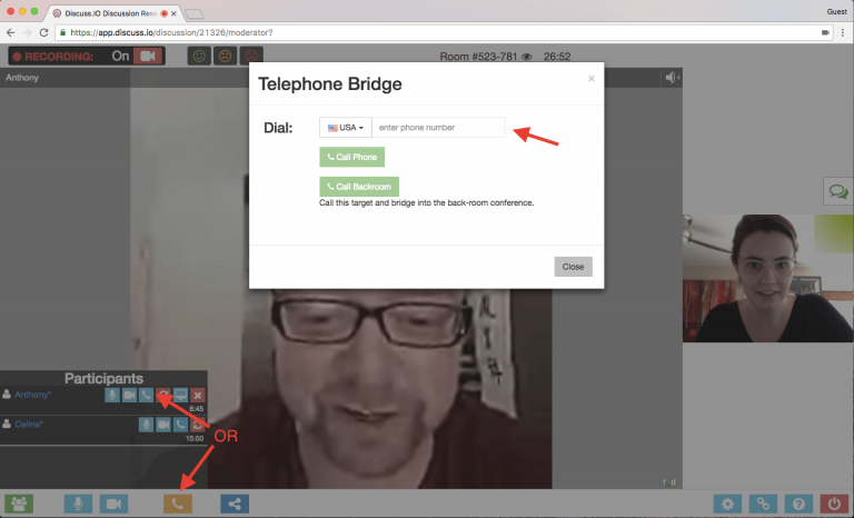 Translator A video call interface showing a telephone bridge pop-up for dialing a number. A person wearing glasses is visible onscreen, and a woman is in a small frame to the right. Arrows highlight buttons.