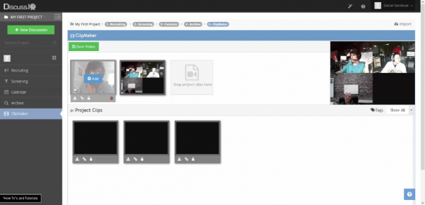 A screen displaying a video editing interface with a project section, clips being edited, and various toolbar options at the top.