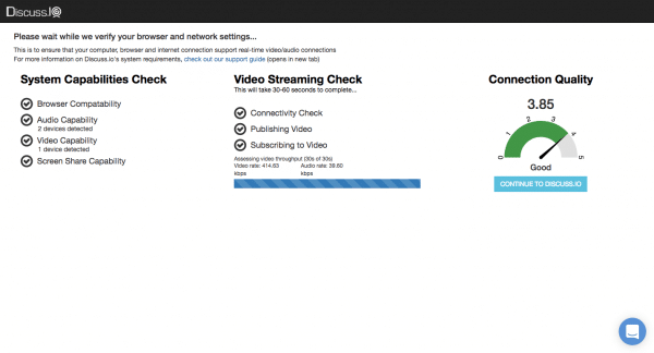 Webpage displaying system and connectivity checks for video streaming, showing browser, audio, and video capabilities. Connection quality rated at 3.85 as "Good" with a gauge graphic.