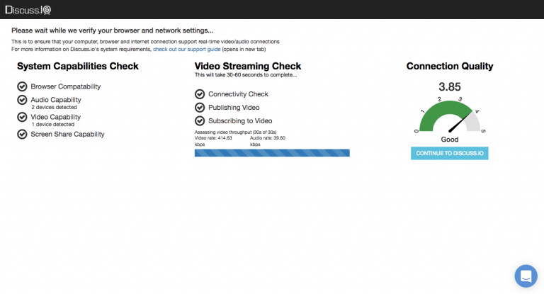 Webpage displaying system and connectivity checks for video streaming, showing browser, audio, and video capabilities. Connection quality rated at 3.85 as "Good" with a gauge graphic.