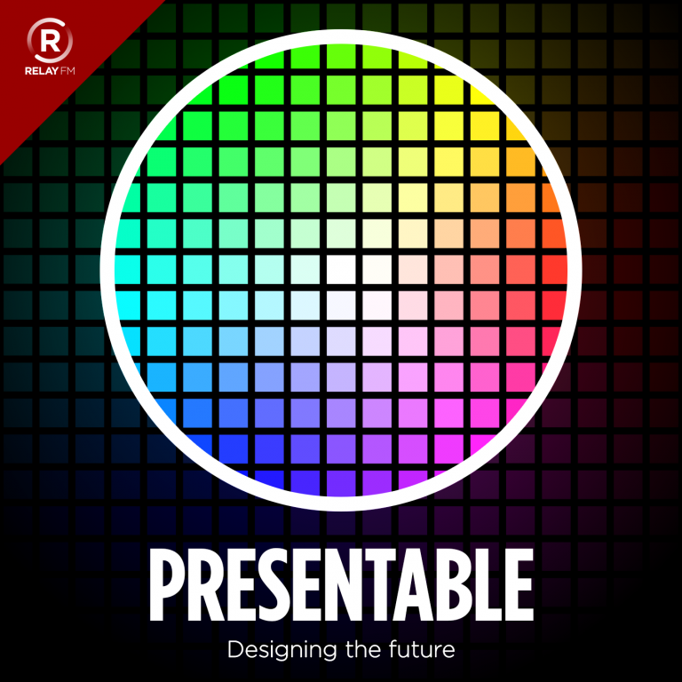 consumer empathy A grid of colorful squares within a large white circle, set against a black background. Text at the bottom reads "Presentable: Designing the future" with a Relay FM logo in the corner.