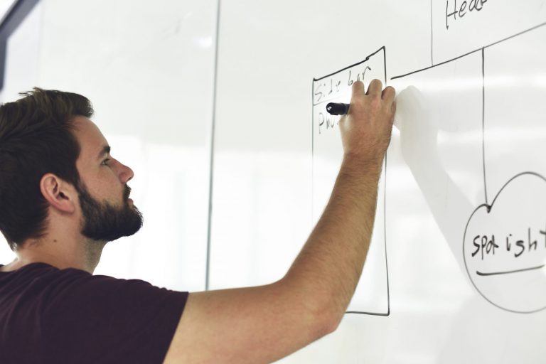 Strategic Planning Man writing on a whiteboard, drawing a flowchart with markers.