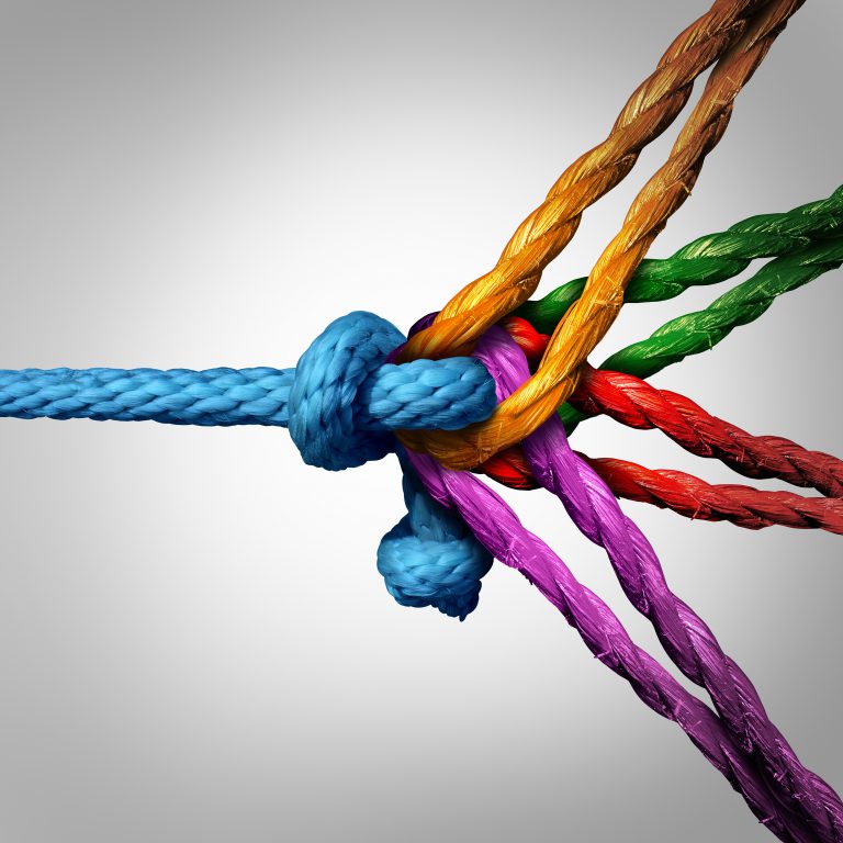Model T Colored ropes intricately knotted together, each end extending outward, symbolizing connection and unity against a neutral background.