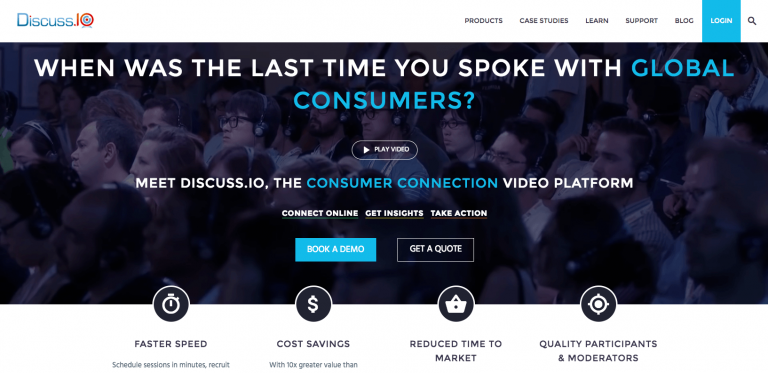 new-website Discuss.io homepage featuring a crowd of people with text: "When was the last time you spoke with global consumers?" Options to book a demo or get a quote are visible.