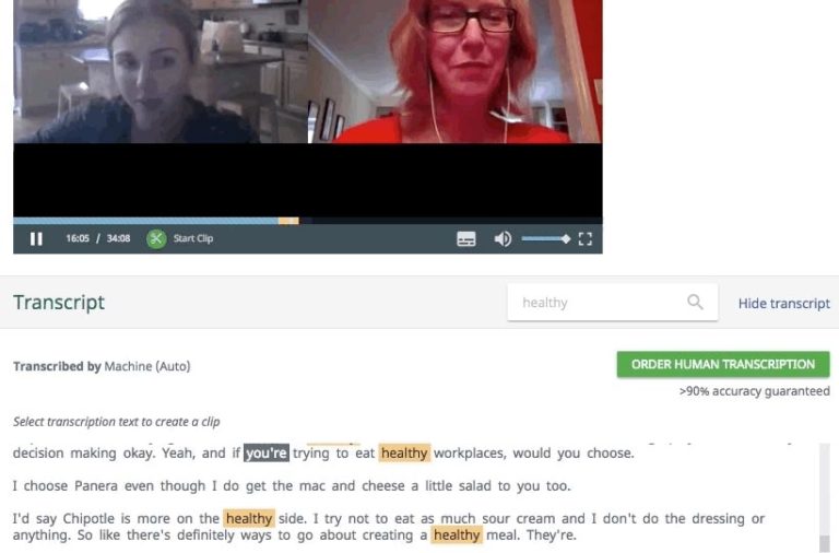 Transcript-thegem-blog-default-large A video call with two people is shown. Below, a machine transcription is displayed, discussing healthy eating choices, mentioning Panera and Chipotle, with some text highlighted.