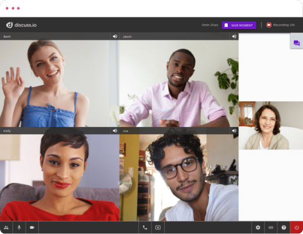 Meeting Room UI 1400 - New Logo Video call screenshot with five participants visible in separate frames, each engaged in a conversation on online marketing research. Their expressions range from neutral to friendly, creating an inviting atmosphere.