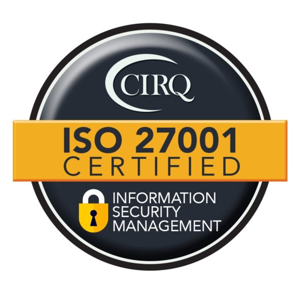 Circular badge displaying "CIRQ ISO 27001 Certified" with a yellow banner and a lock symbol, indicating information security management certification.