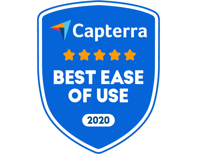 capterra-ease-of-use-2020 Shield-shaped badge with five stars, the Capterra logo, and text: "Best Ease of Use 2020.