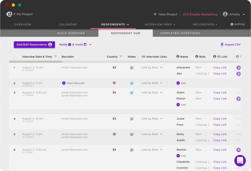 Completed respondent information grid