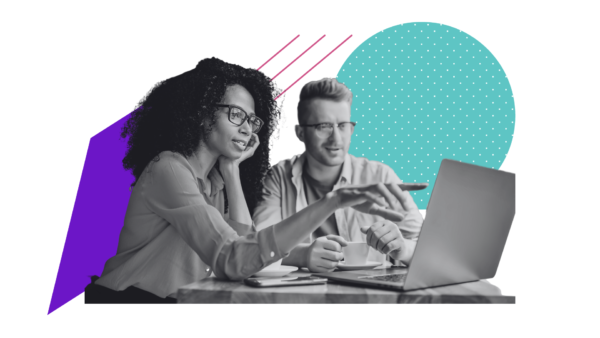 Two people in an office setting examine a laptop screen, immersed in online qualitative research. The scene features geometric shapes in the background, such as a purple triangle and a teal dotted circle, creating an atmosphere of innovative exploration.