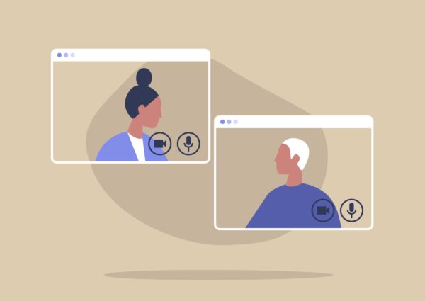 Illustration of two people on a video call, each in a separate screen window, with microphone and camera icons visible.