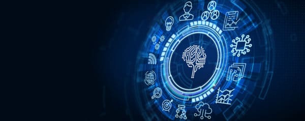 Digital brain encircled by technology icons on a blue circular interface, symbolizing artificial intelligence and connectivity.