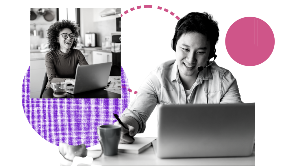 Two people on a video call. One person is wearing a headset and using a laptop, while the other smiles at a screen. Various abstract colored shapes are in the background.