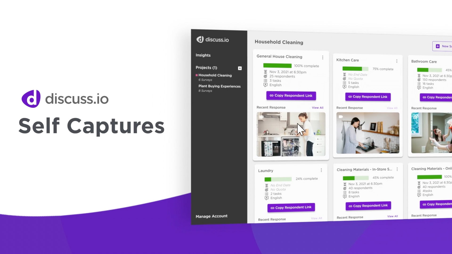 A Discuss.io dashboard displays various household cleaning projects with images and response links. A purple and white background features the text 