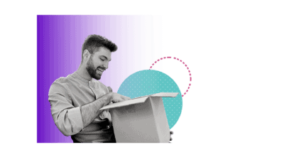 A man opening a box, smiling, with a purple gradient background and decorative elements.
