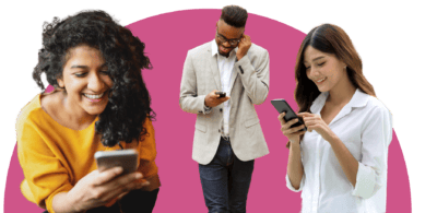 Three people stand against a pink background, each looking at their phones. One is wearing a yellow shirt, another in a suit jacket, and the third in a white blouse.