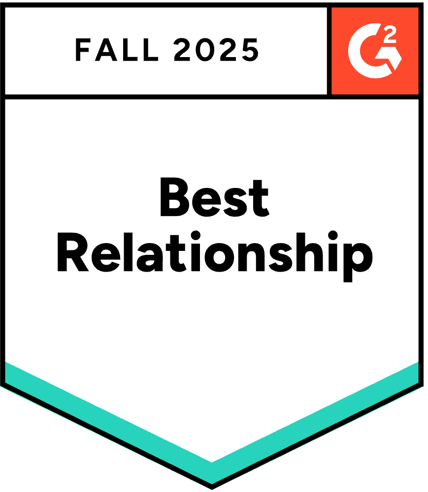 G2 badge labeled "Fall 2025 Best Relationship" with a red G2 logo in the top right corner.