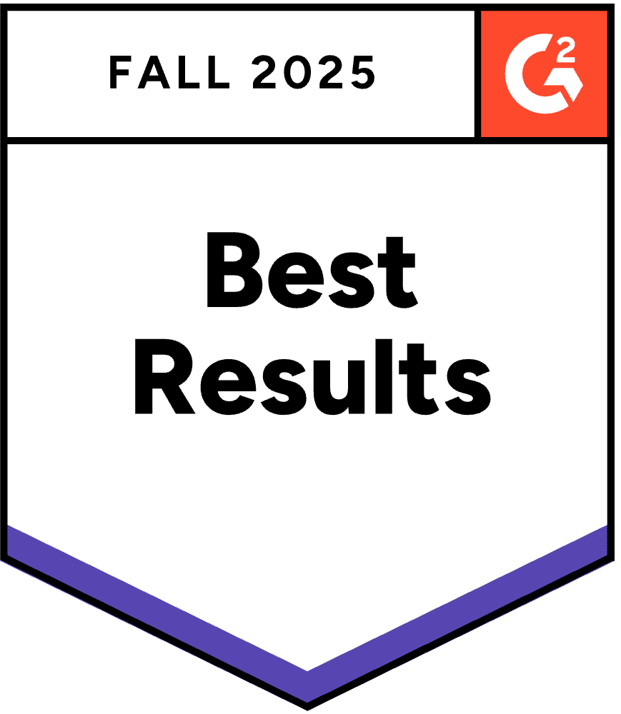 A badge showing "Fall 2025" and the G2 logo, with the text "Best Results" in bold black letters on a white background with a purple border at the bottom.