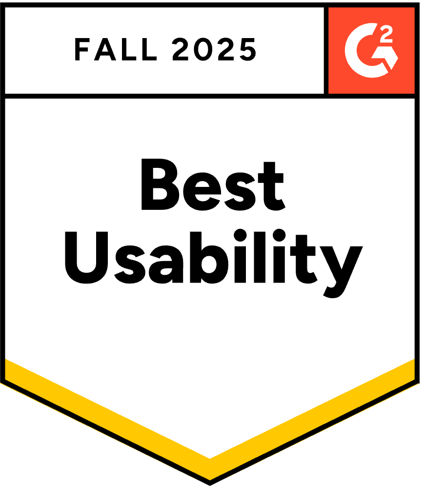 A badge with the G2 logo, labeled "Fall 2025 Best Usability," featuring a white background and yellow border at the bottom.