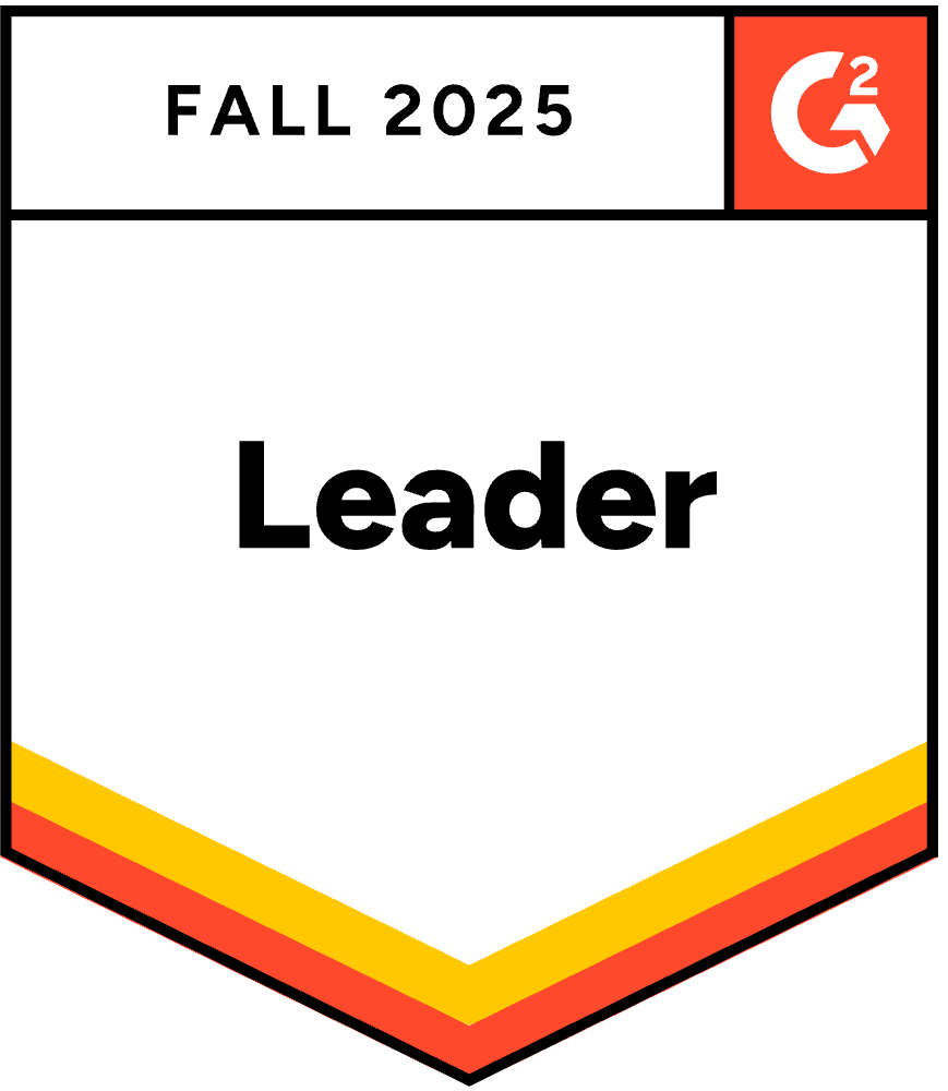 G2 badge labeled "Leader" for Fall 2025, with red, orange, and yellow stripes at the bottom.