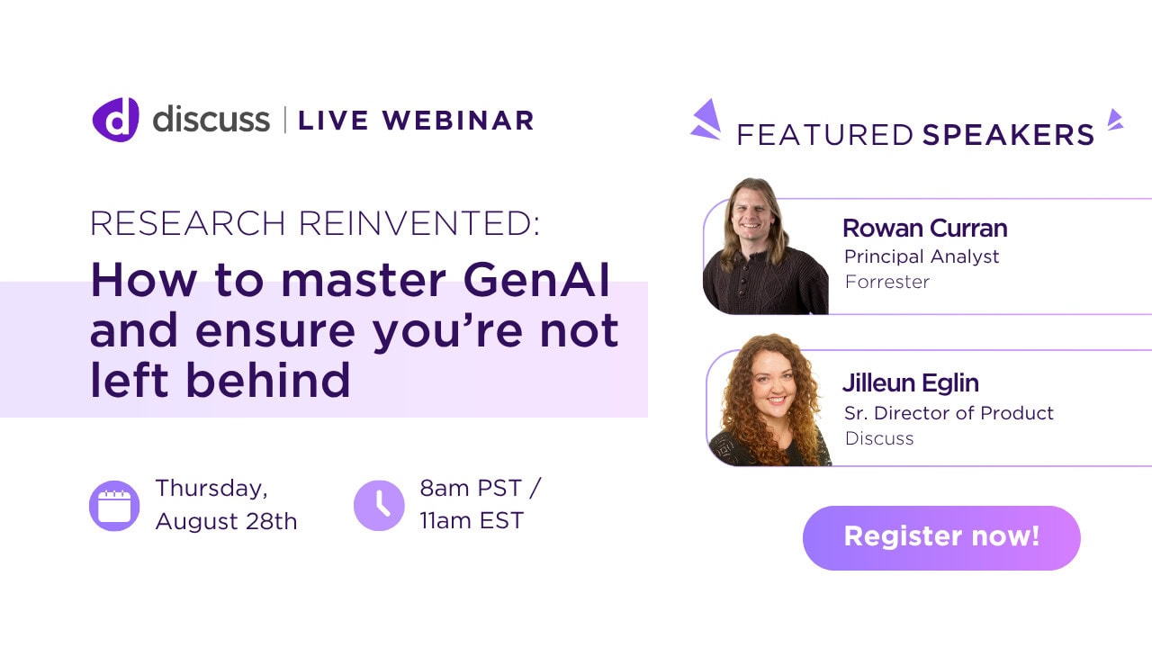 Webinar announcement: "How to master GenAI and ensure you’re not left behind" with speakers Rowan Curran and Jilleun Eglin, scheduled for Thursday, August 28th at 8am PST/11am EST.