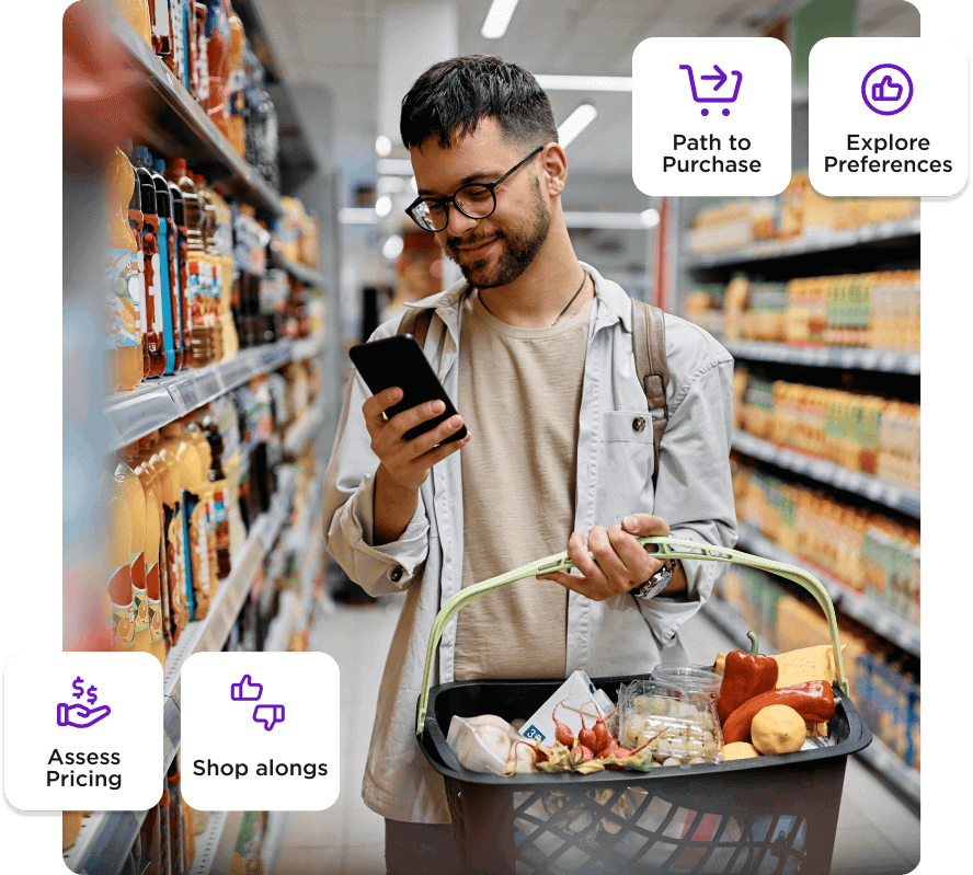 Group 2085664450 A man with glasses shops in a grocery store, holding a basket and a smartphone. Various text boxes around him indicate aspects of a shopping journey, like assessing pricing and exploring preferences.