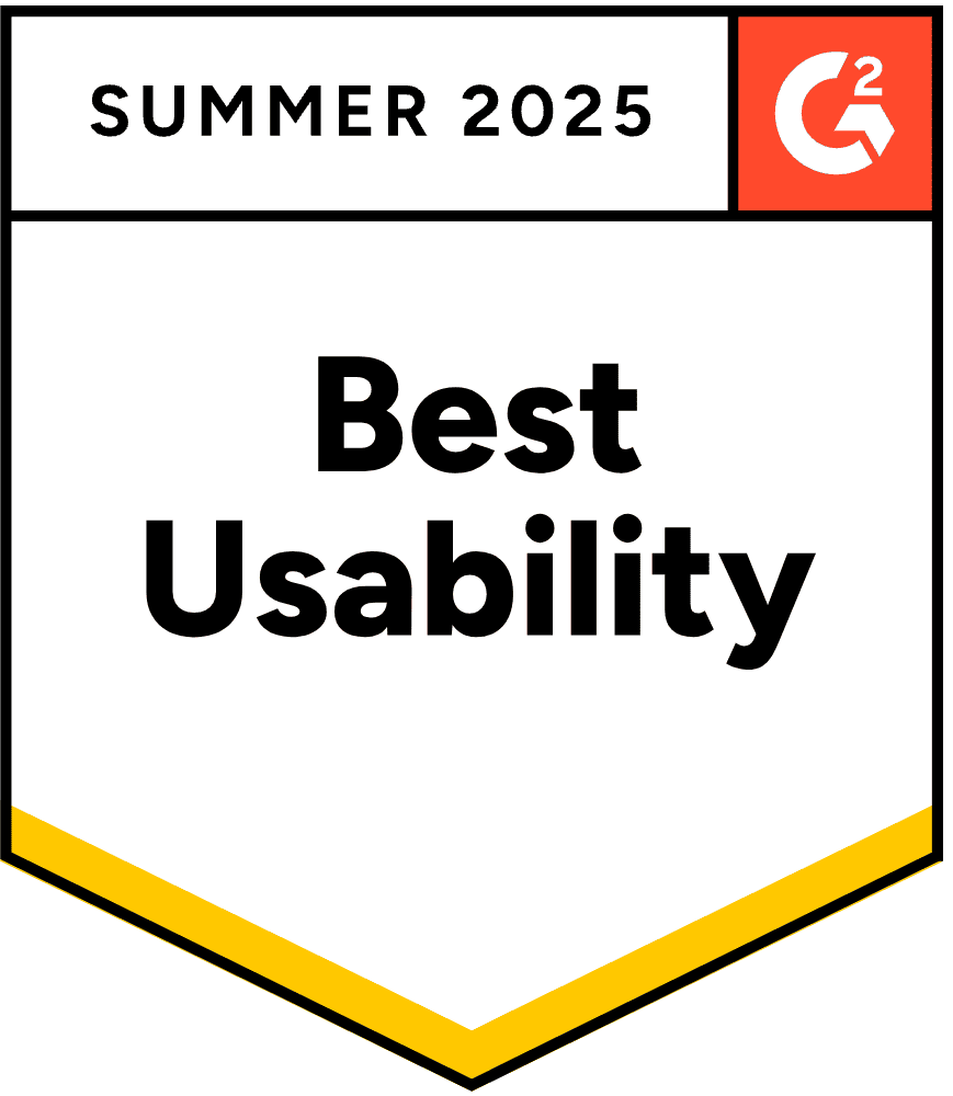 Summer 2025 G2 Best Usability A badge reading "Summer 2025 Best Usability" with the G2 logo in the top right corner and a yellow border at the bottom.