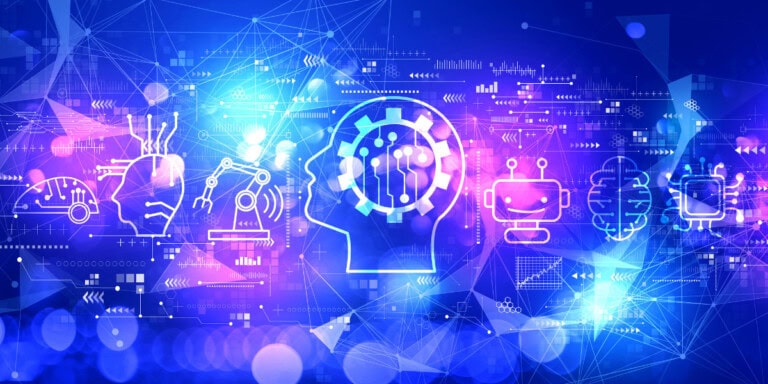 AI agents blog Silhouettes of a human head, gears, brain, and robotic arms on a blue and purple background with digital network lines and glowing effects.