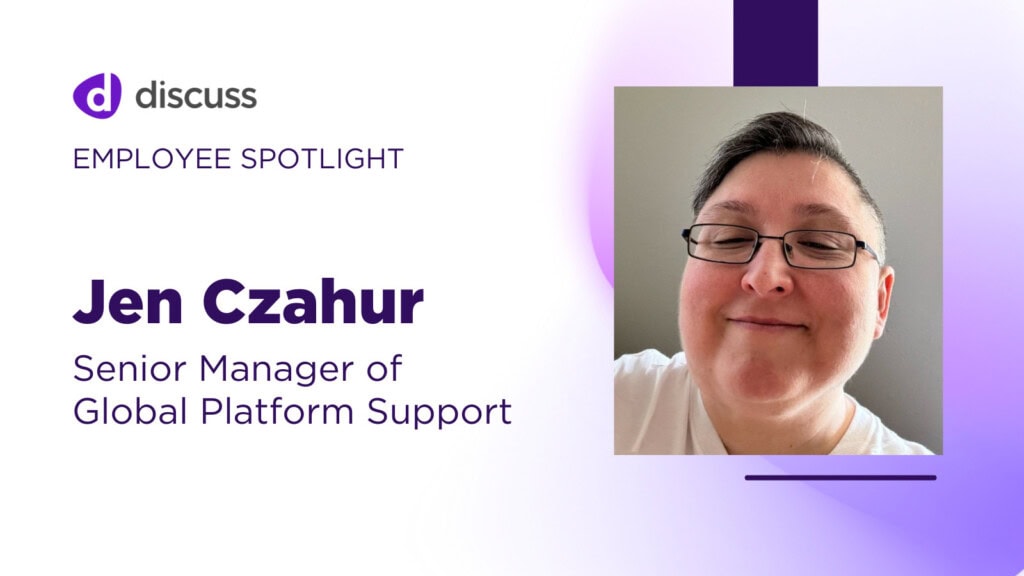 Profile image of Jen Czahur, Senior Manager of Global Platform Support, featured in an employee spotlight graphic with purple accents, where we discuss key insights and achievements.