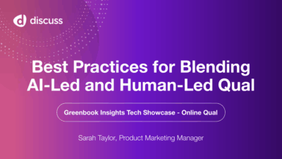 Slide titled "Best Practices for Blending AI-Led and Human-Led Qual" for a Greenbook Insights Tech Showcase, presented by Sarah Taylor, Product Marketing Manager.