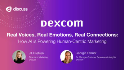 A promotional banner for a webinar titled "Real Voices, Real Emotions, Real Connections: How AI is Powering Human-Centric Marketing" featuring Jill Postoak and Georgie Farmer.
