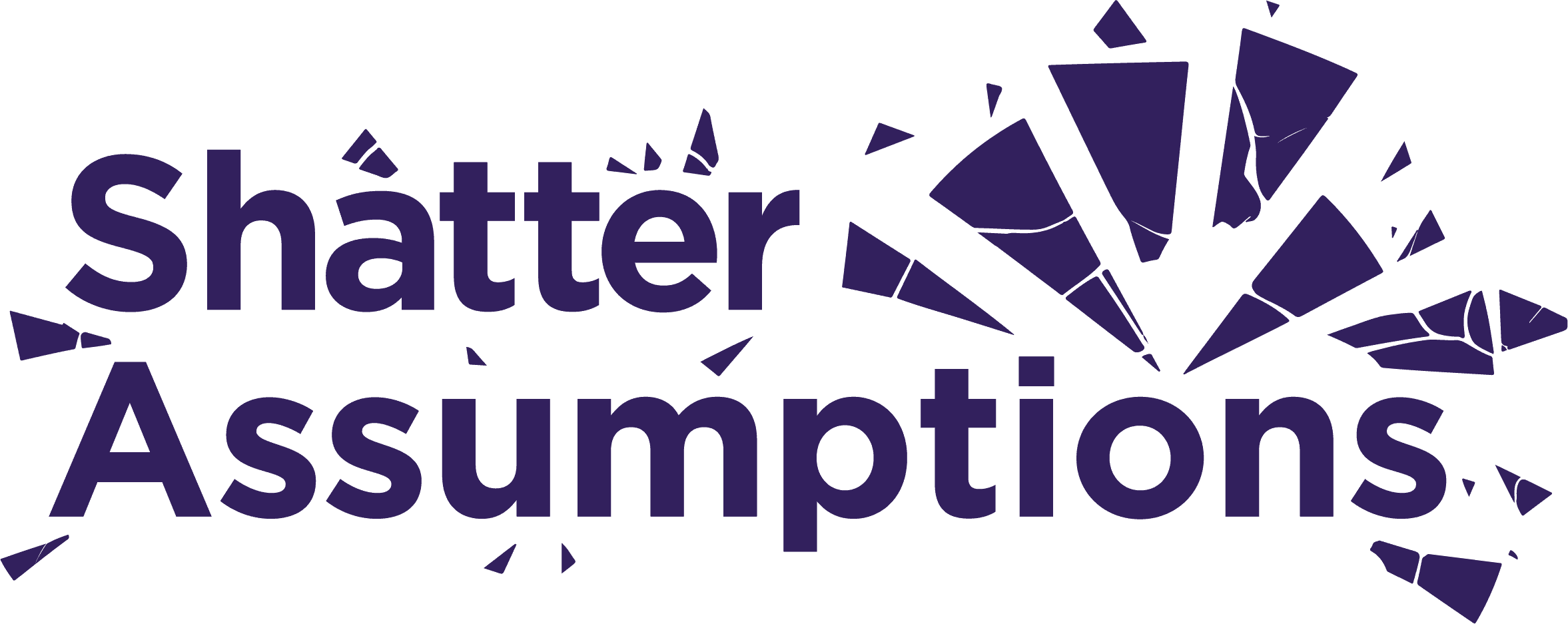 The phrase "Shatter Assumptions" appears in bold purple text with shattered glass fragments radiating from the word "Shatter," symbolizing how AI Market Research breaks through traditional thinking.