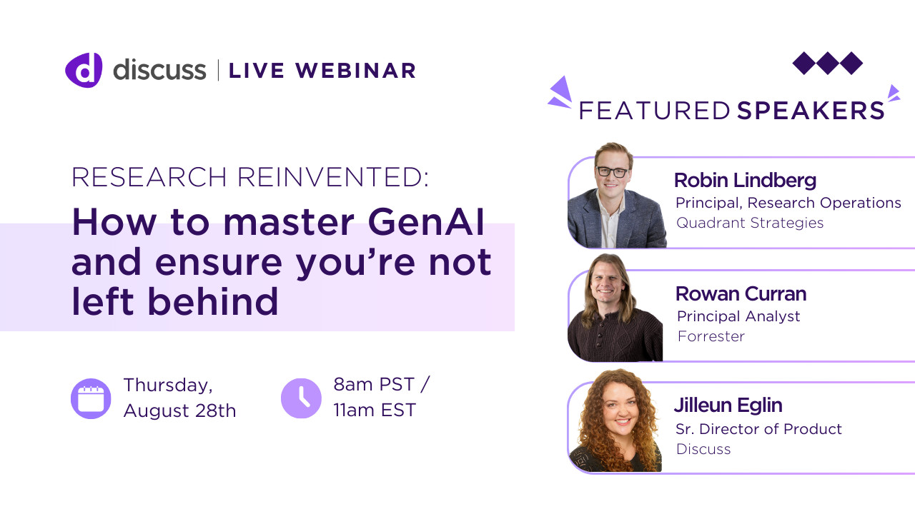 Webinar announcement for "How to master GenAI and ensure you're not left behind," featuring speakers Robin Lindberg, Rowan Curran, and Jilleun Eglin, scheduled for Thursday, August 28th.