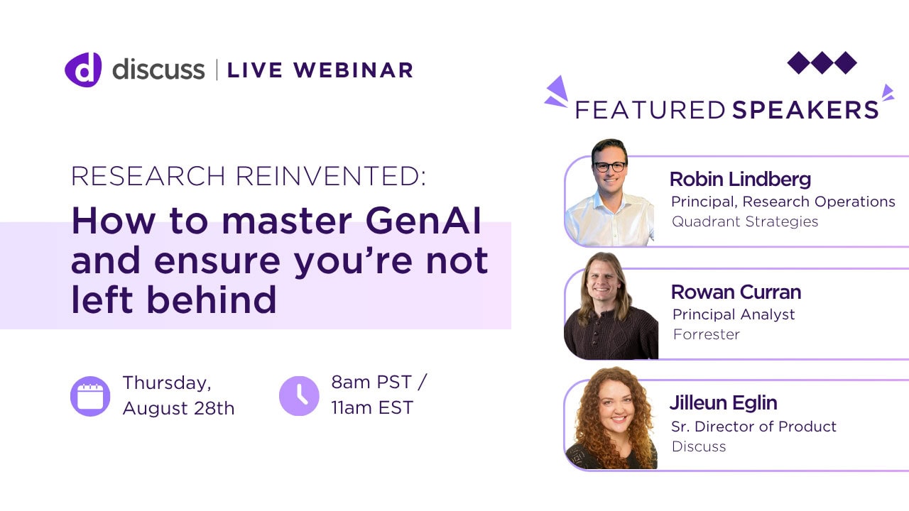 Promotional graphic for a live webinar on mastering GenAI, featuring speakers Robin Lindberg, Rowan Curran, and Jilleun Eglin, scheduled for Thursday, August 28th, 8am PST/11am EST.