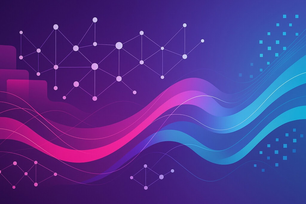 Abstract digital illustration featuring interconnected nodes, wavy pink and blue lines, and square patterns on a gradient purple background.