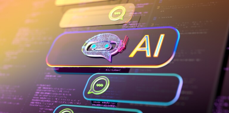 A digital illustration of a chatbot icon and the letters "AI" highlighted on a computer screen, representing artificial intelligence and messaging technology.