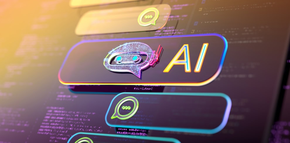 A digital illustration of a chatbot icon and the letters "AI" highlighted on a computer screen, representing artificial intelligence and messaging technology.