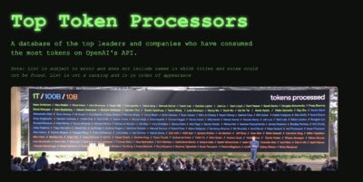 A large audience observes a presentation in front of a screen displaying company names and individuals under the heading "Top Token Processors.