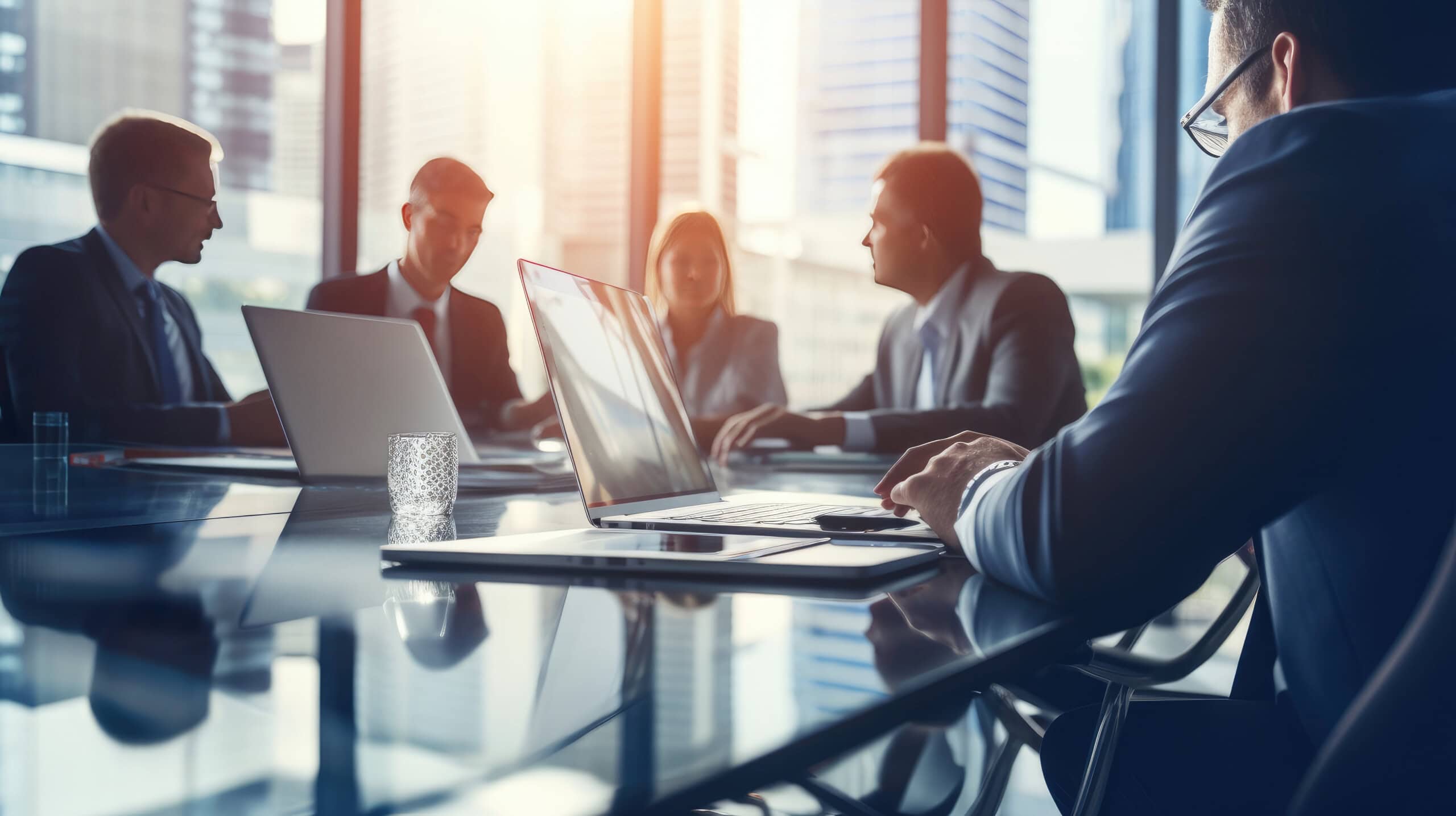 Discuss team meeting around a conference table