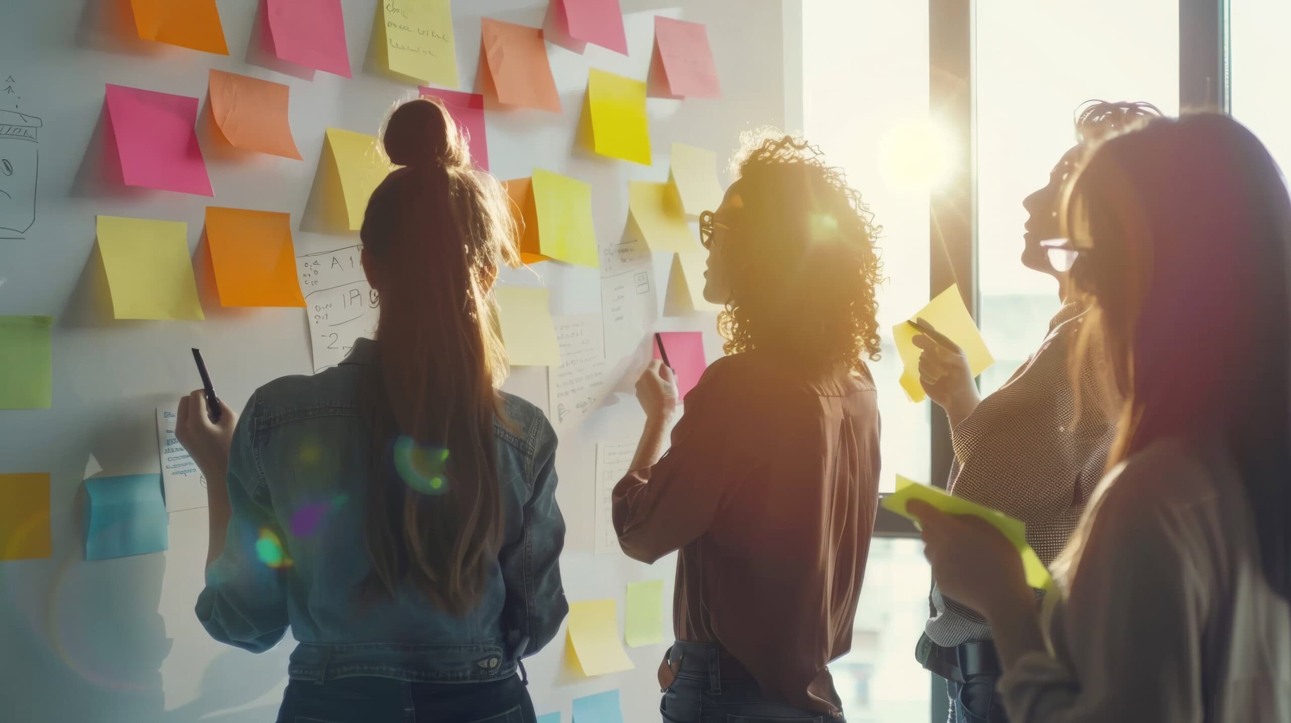 Team collaborating at a wall of sticky notes