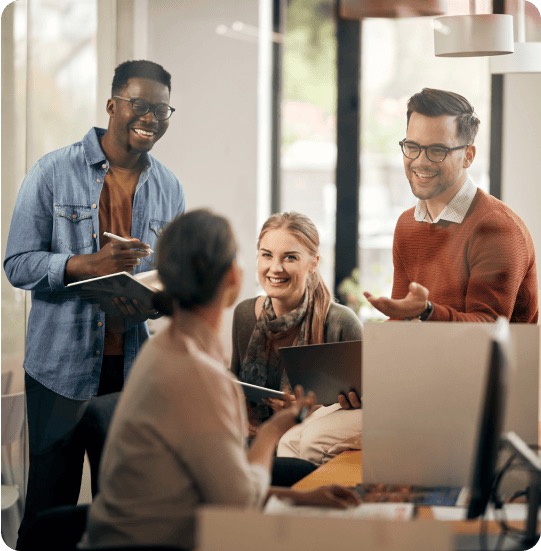 Discuss team collaborating in a meeting