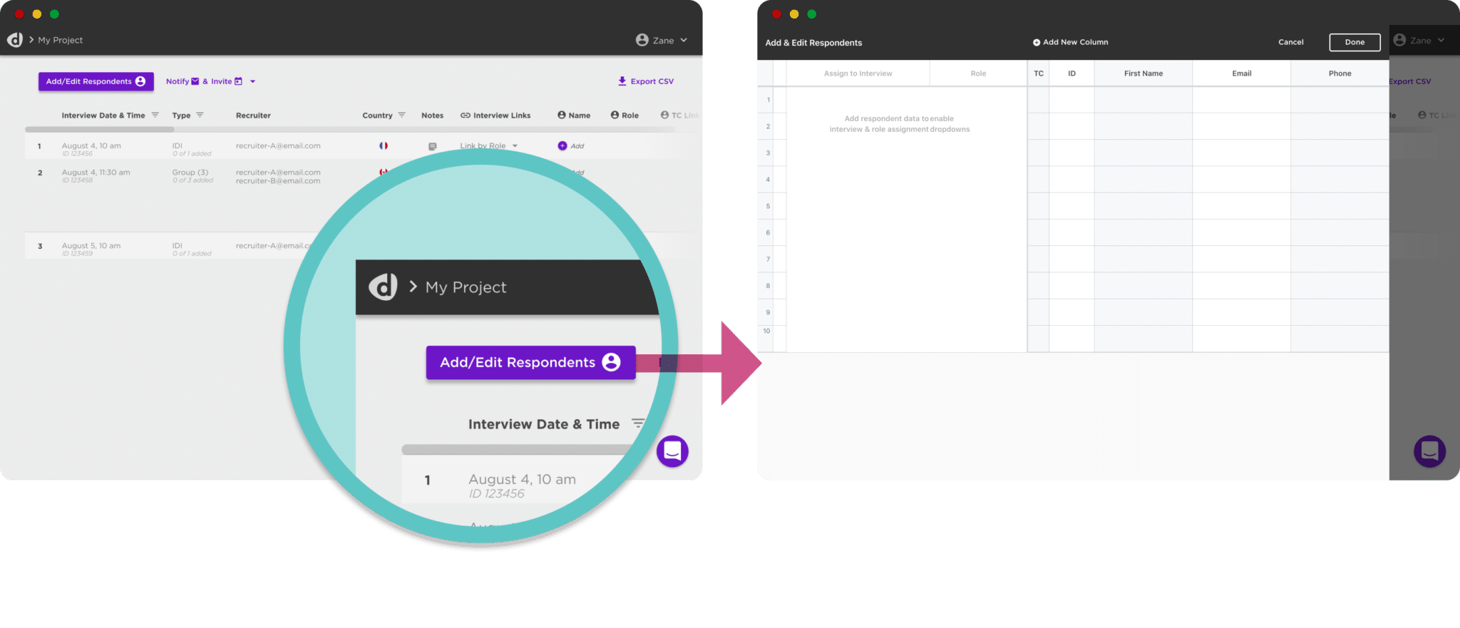 Open, add or edit respondent data